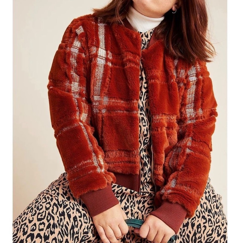 Anthropologie faux fur burnt orange bomber jacket